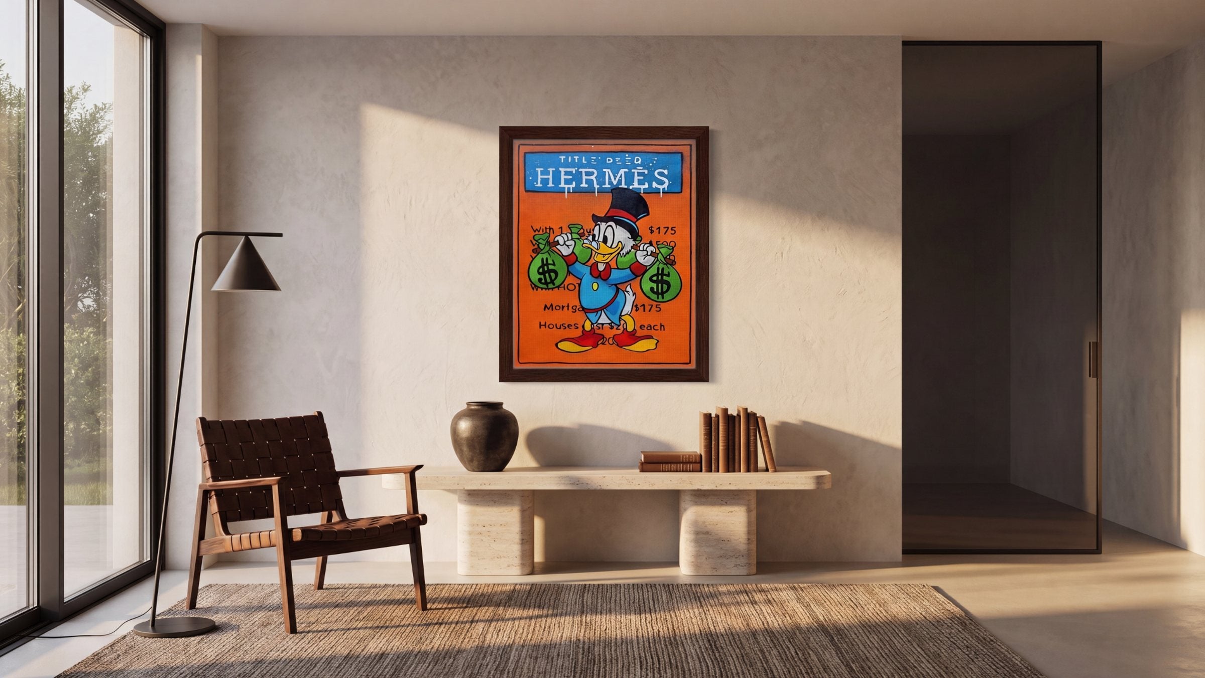 Framed statement artwork in a luxury architectural interior
